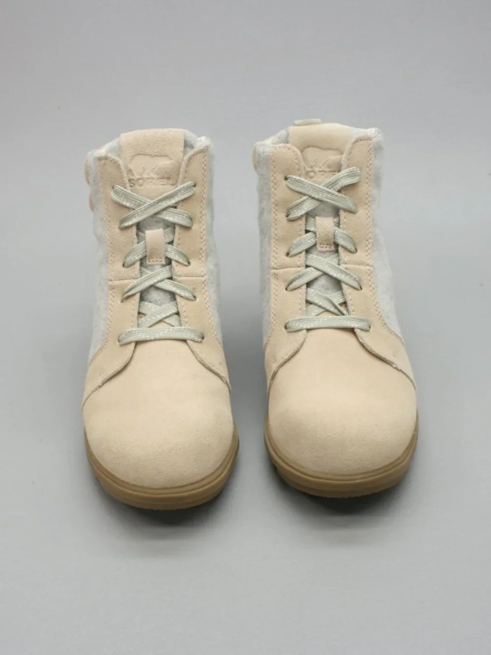 Sorel Ladies 7 Evie Ankle Lace Tan Suede Gray Felt Wedge Booties - NL4926-209